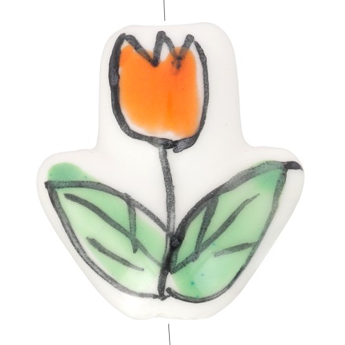 Cuenta de cerámica Flor de tulipán 16x14,5 mm - Blanco - Naranja - Verde x1