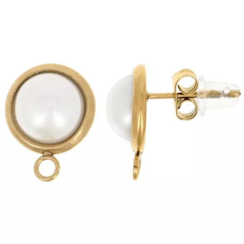 Ganchos pendientes redondos de 10 mm con cabujón de imitación de nácar - Acero inoxidable 304L Dorado x2