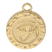 Dije Redondo 16 mm - Motivo Ojo de Horus - Acero inoxidable 304L Dorado x1