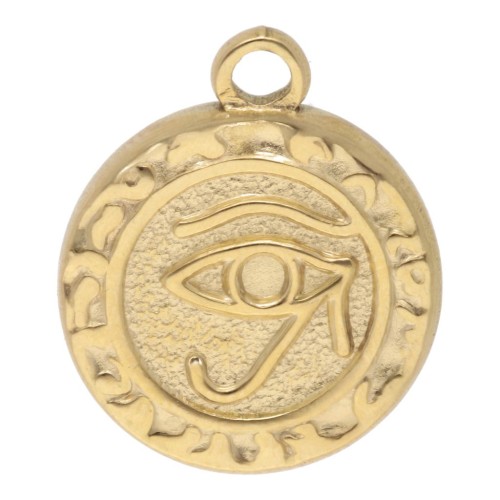 Dije Redondo 16 mm - Motivo Ojo de Horus - Acero inoxidable 304L Dorado x1