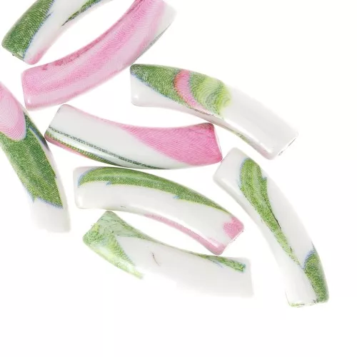 Cuentas tubulares curvadas 32x8 mm en acrílico opaco - Motivo flor - Blanco - Rosa x4