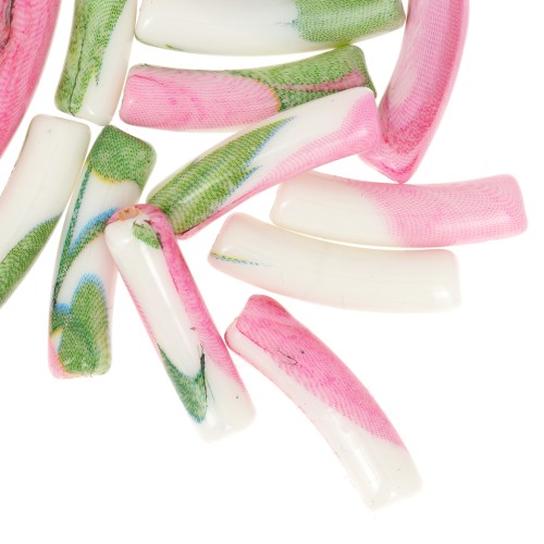Cuentas de tubo curvado 19x5 mm en acrílico opaco - Motivo flor - Blanco - Rosa x4