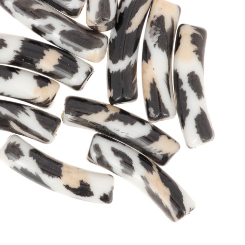 Cuentas tubo curvadas 19x5 mm en acrílico opaco - motivo leopardo - Negro - Beige x4