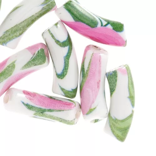 Cuentas tubo curvadas 35x11 mm en acrílico opaco - Diseño flor - Blanco - Rosa x4