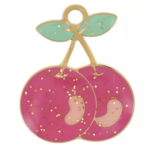 Dije cereza 18x15 mm resina epoxi - Acero inoxidable 304L Dorado - Purpurina rosa x1