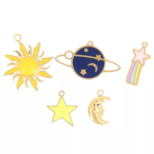 Mezcla de dijes de epoxi Estrellas y planetas Exclu Perles&Co Acero inoxidable 304L Dorado x5