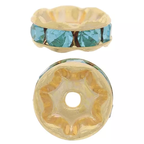 Perla rondel Strass 6 mm dorado/Aquamarine x4