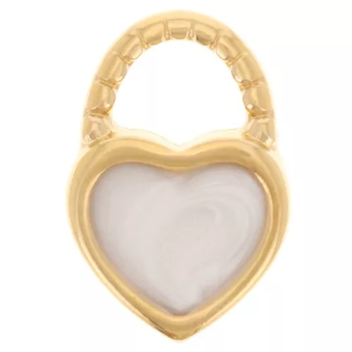 Dije de corazón de candado 14.5x10mm con resina epoxi - Dorado con oro fino - Blanco nacarado