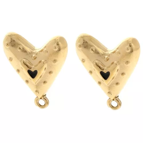 Ganchos pendientes corazón 20x17 mm con resina epoxi - Dorado con oro fino - Negro x2