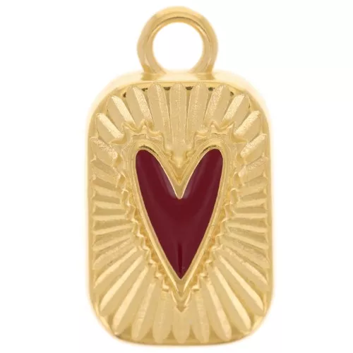 Colgante rectángulo 23,5x13mm con corazón de resina epoxi - Dorado con oro fino - Rojo