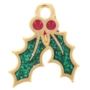 Dije hoja de acebo 15,5x14 mm resina epoxi - Dorado con oro fino - Purpurina verde