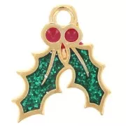 Dije hoja de acebo 15,5x14 mm resina epoxi - Dorado con oro fino - Purpurina verde