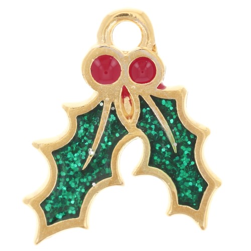 Dije hoja de acebo 15,5x14 mm resina epoxi - Dorado con oro fino - Purpurina verde