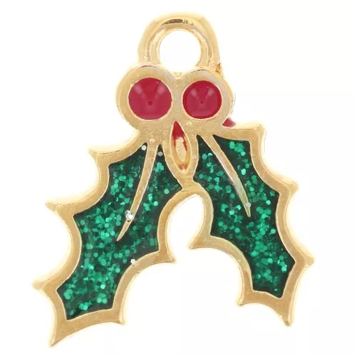 Dije hoja de acebo 15,5x14 mm resina epoxi - Dorado con oro fino - Purpurina verde