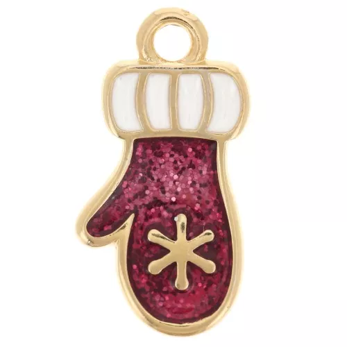 Dije de guante de Navidad 18x9 mm con resina epoxi - Dorado con oro fino - Purpurina roja