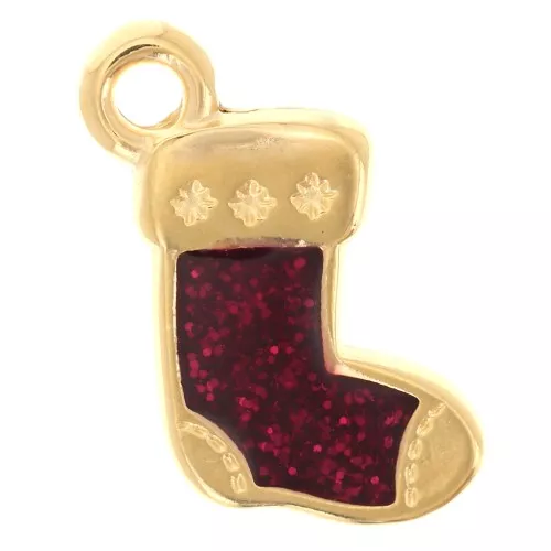 Dije de bota de Navidad 15x9mm con resina epoxi - Dorado con oro fino - Purpurina roja