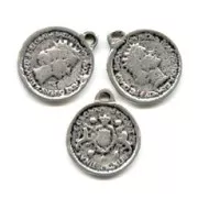 Dijes monedas 14 mm plateado antiguo x5