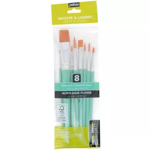 Set de 8 pinceaux polyamide ronds et plats Pébéo  - Doré