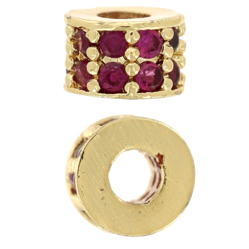 Perla redonda 6x4 mm con óxidos de circonio - Dorado con oro fino - Fucsia x1