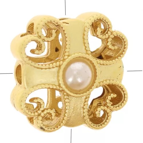 Cuenta cuadrada de 10 mm, motivo corazón calado con cabujón de nácar - Dorado con oro fino x1