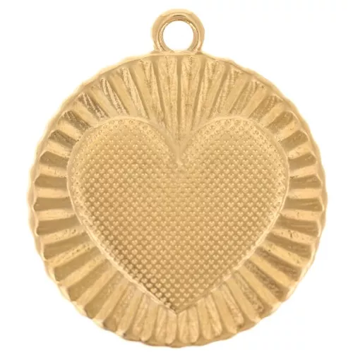 Colgante redondo efecto plisado 22 mm - motivo corazón - Dorado con oro fino x1