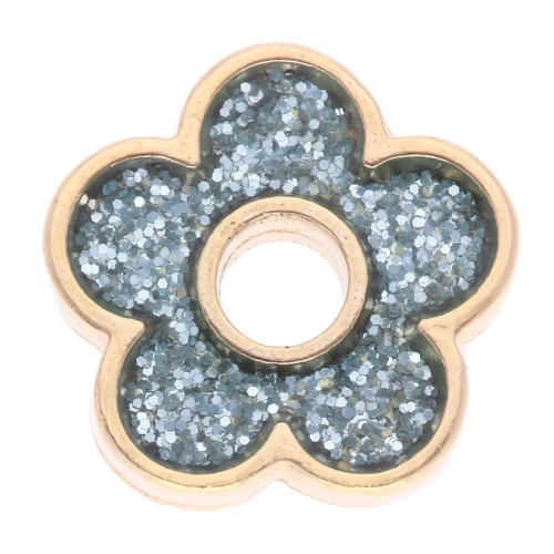Colgante flor 11 mm con resina epoxi - Dorado con oro fino - Purpurina gris x1