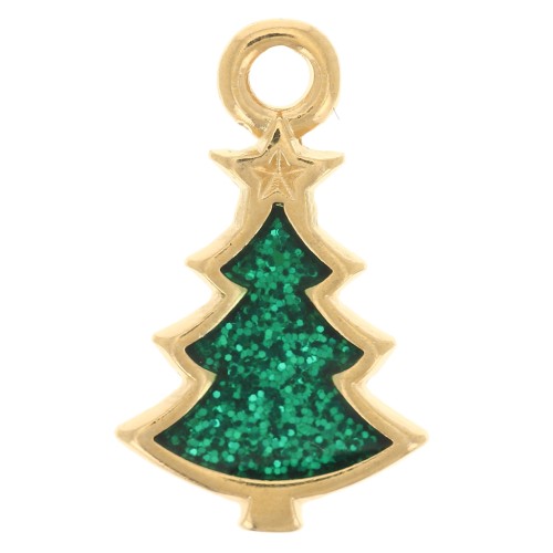 Dije de árbol de Navidad 17x10 mm resina epoxi - Dorado con oro fino - Purpurina verde x1