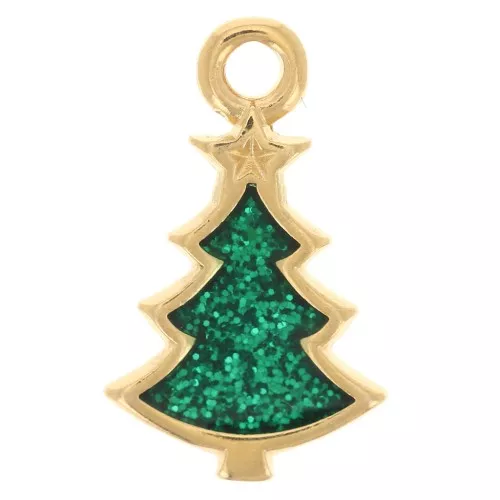 Dije de árbol de Navidad 17x10 mm resina epoxi - Dorado con oro fino - Purpurina verde x1