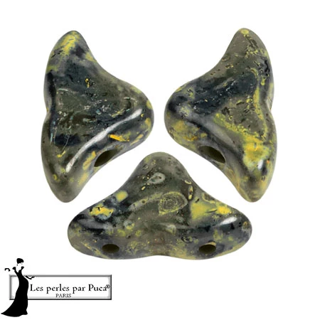 Cuentas de cristal Helios® de Puca® 6x10mm - Negro Beige Pedregoso Amarillo x10g