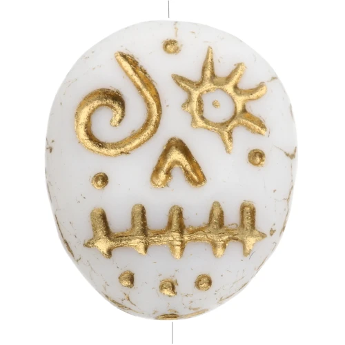 Cuentas de cristal Woodoo Funny Face 16x14 mm - Blanco - Dorado x5