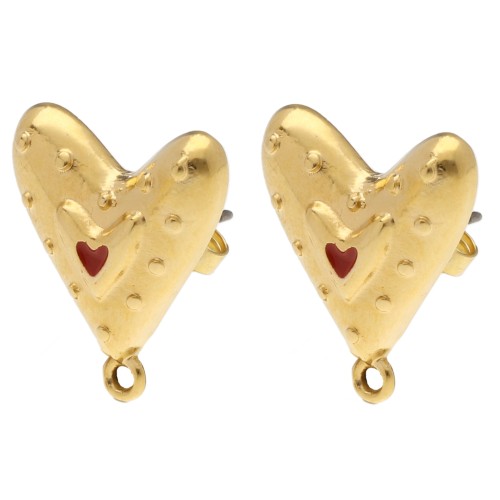 Ganchos pendientes corazón 20x17 mm con resina epoxi - Dorado con oro fino - Rojo x2