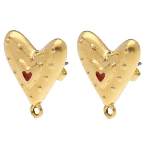 Ganchos pendientes corazón 20x17 mm con resina epoxi - Dorado con oro fino - Rojo x2