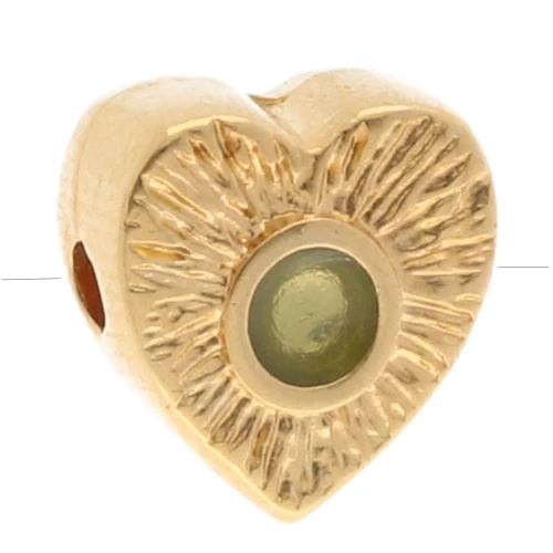 Cuenta corazón acanalada 10x9 mm con redondel de resina epoxi - Dorado con oro fino - Verde pálido