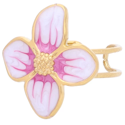 Anillo flor 23x21 mm con resina epoxi - Acero inoxidable 304L Dorado - Rosa nacarado x1