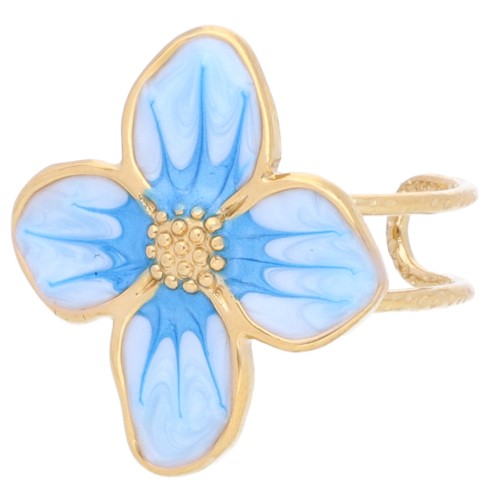 Anillo flor 23x21 mm con resina epoxi - Acero inoxidable 304L Dorado - Perla azul claro