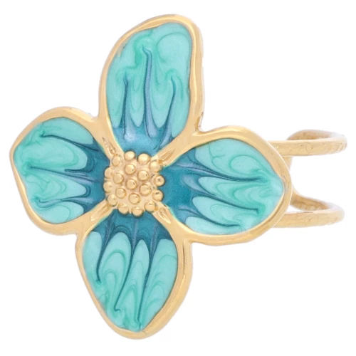 Anillo flor 23x21 mm con resina epoxi - Acero inoxidable 304L Dorado - Verde nacarado x1