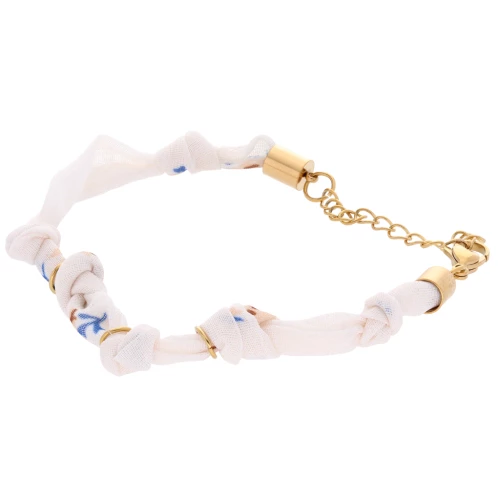 Pulsera de tela flor atada con 3 anillas - Acero inoxidable 304L Dorado - Marfil x18cm