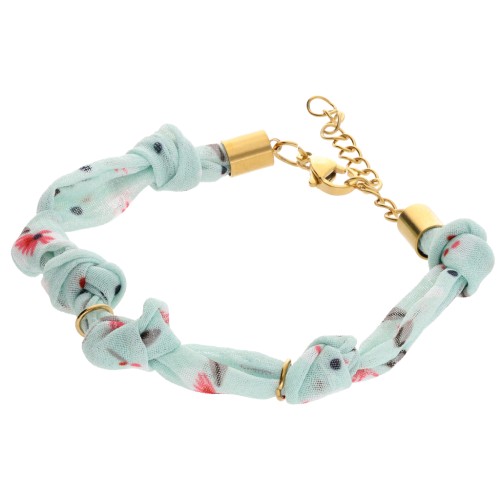 Pulsera flor de tela atada con 3 anillas - Acero inoxidable 304L Dorado - Menta x18cm