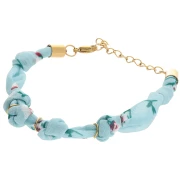 Pulsera flor de tela atada con 3 anillas - Acero inoxidable 304L Dorado - Azul x18cm