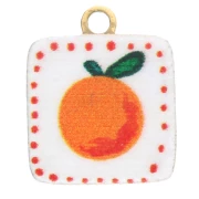 Breloque carrée 9.5x8 mm impression UV - Orange - Acier inox 304L Doré - Blanc x1