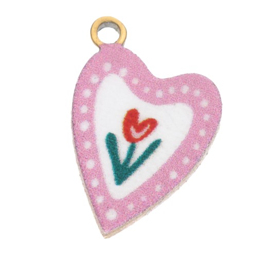 Dije corazón 12x8 mm impreso UV - Tulipán - Acero inoxidable 304L Dorado - Rosa x1