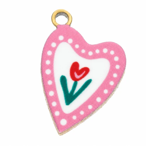 Dije corazón 12x8 mm impreso UV - Tulipán - Acero inoxidable 304L Dorado - Rosa x1