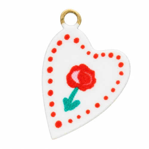 Dije corazón 12x8 mm impresión UV - Peonía - Acero inoxidable 304L Dorado - Rojo x1