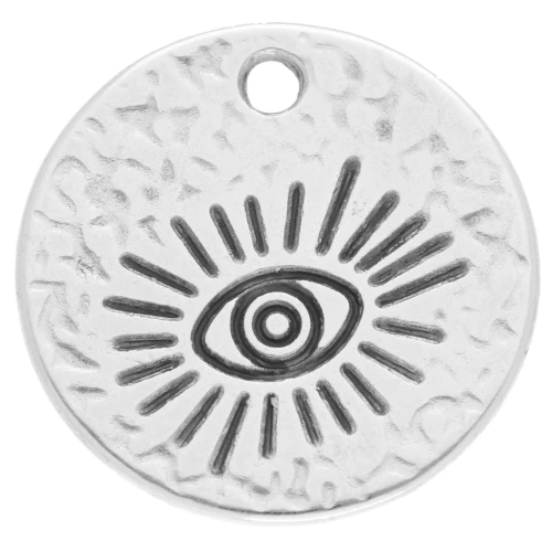 Colgante redondo ojo martillado - 19,5 mm - Chapado plateado fino envejecido x1
