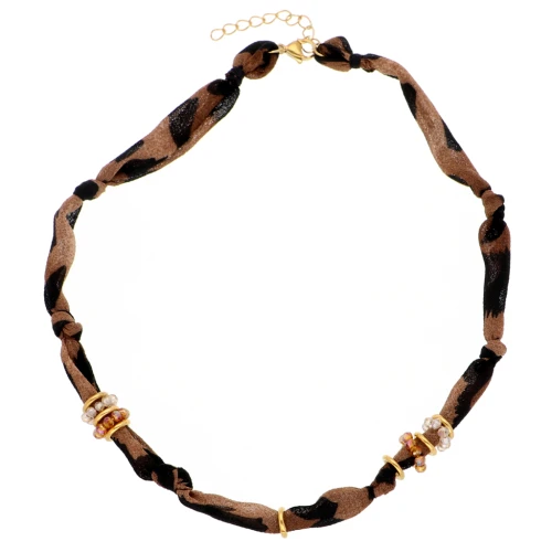 Collar de tejido anudado leopardo - perlas facetadas y acero inoxidable 304 Dorado x41cm