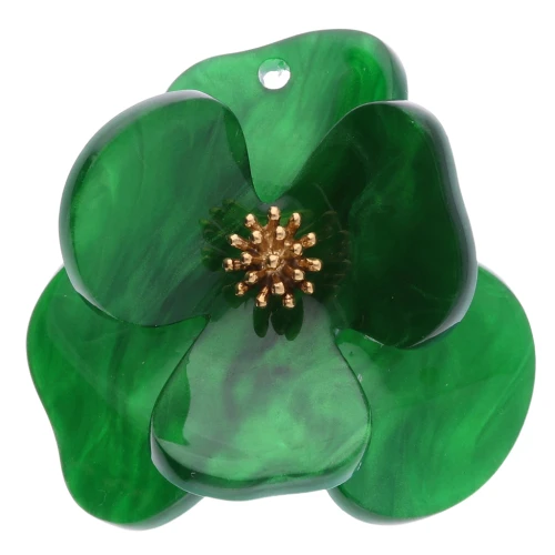 Colgantes de 40 mm de acrílico y acero inoxidable con flor dorada en relieve - Verde jaspeado x2