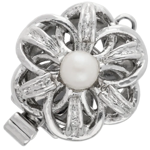 Cierre flor con clip de 14 mm con perla imitación nácar - Bronce blanco x1