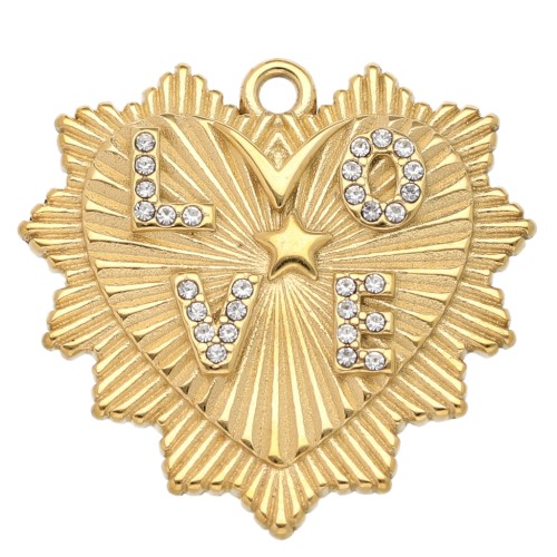 Colgante corazón 29x30 mm Motivo amor con strass - Acero inoxidable 304L Dorado x1