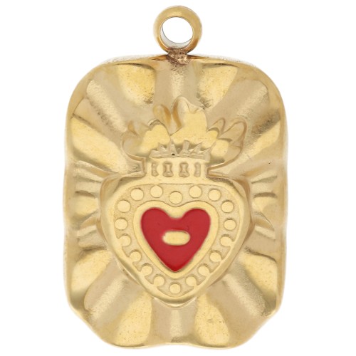 Colgante rectángulo 18x11 mm Corazón Ex-voto epoxy - Acero inoxidable 304L Dorado - Rojo