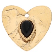 Colgante corazón martillado 17x18 mm - cabujón de vidrio acero inoxidable 304, Dorado - Negro x1